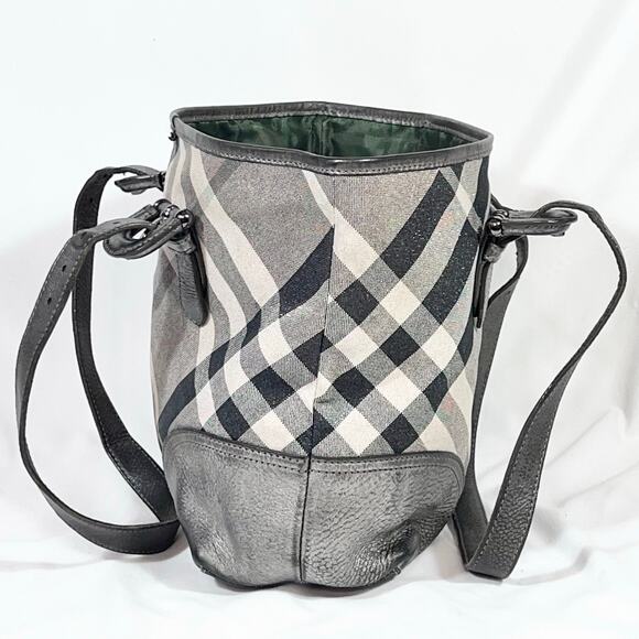 Burberry Super Nova Shimmer Check Tote Bag Canvas Leather Trim Open Top Pockets - Picture 2 of 16